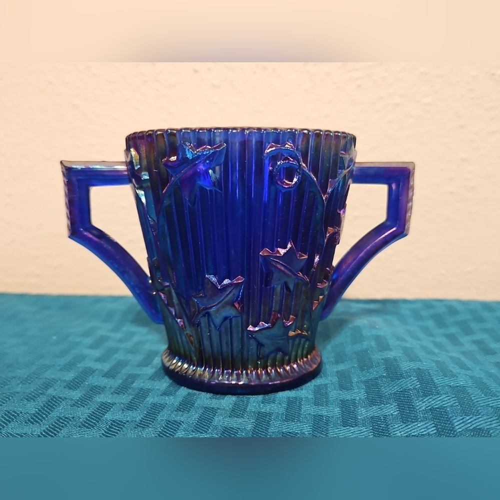 Vintage 3" Pioneer Glass Imperial Ivy Iridescent Blue Carnival Glass Sugar Bowl